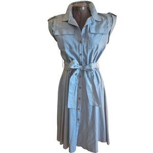 Aaron & Amber Light Blue Sleeveless Button-Up Shirt Dress With Belt - Size Small